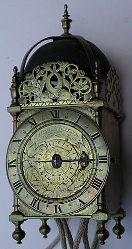 Front view of the Jeffrey Bayley clock with re-instated balance wheel escapement