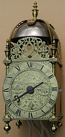 lantern clock made in the 1650s by Jeffrey Bayley, London